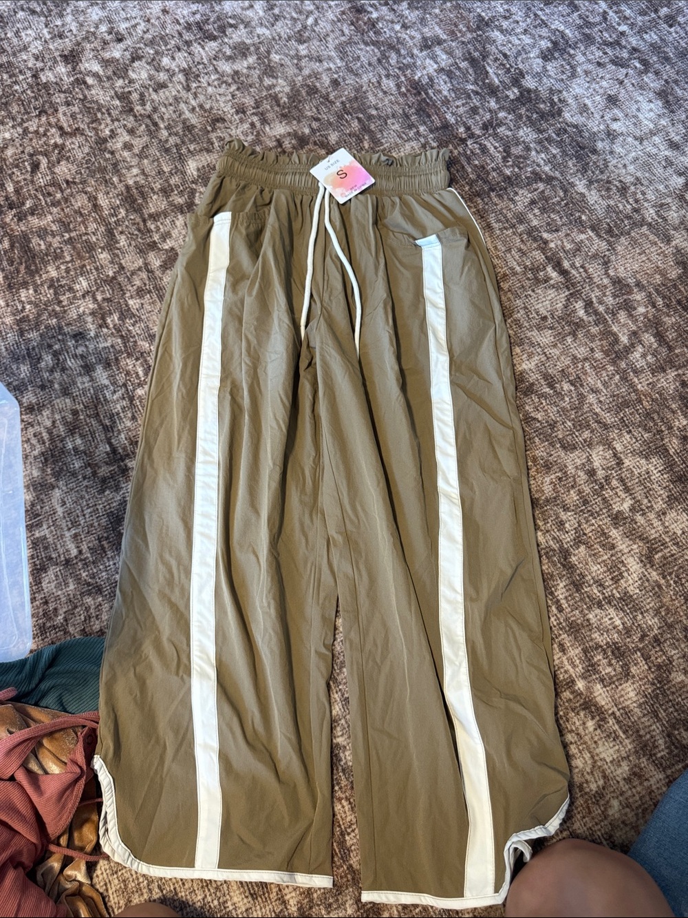 Women's khaki Wide-Leg Track Pants with White Side Stripe